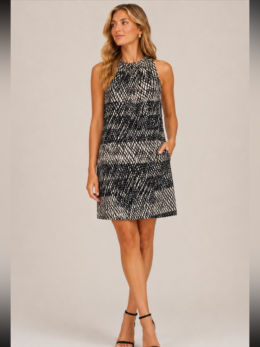 Worth 100% Silk Abstract Print Sleeveless Dress Black Ivory Designer Minimalist